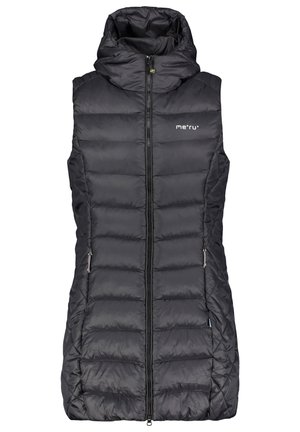 Zwarte mouwloze gewatteerde bodywarmer met rits aan de voorkant, capuchon en "me'ru"-logo op de borst, ontworpen voor buitensport.