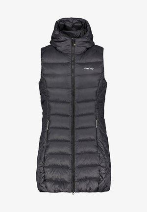 Zwarte mouwloze gewatteerde bodywarmer met rits aan de voorkant, capuchon en "me'ru"-logo op de borst, ontworpen voor buitensport.