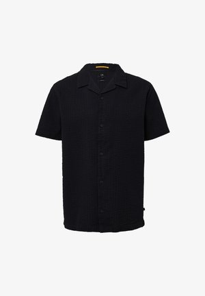 Kurzärmliges, strukturiertes schwarzes Hemd mit Klappenkragen, fünf vorderen Knöpfen und geradem Saum mit einem kleinen Seitenetikett.