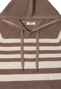 Hoodie en tricot rayé marron et beige avec cordons de serrage et une étiquette "CECIL" cousue à l'intérieur du col.