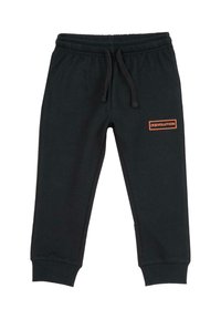 Pantalon de jogging noir en coton doux avec une ceinture élastique et un cordon de serrage réglable. Présente un logo rectangulaire orange sur la jambe gauche.