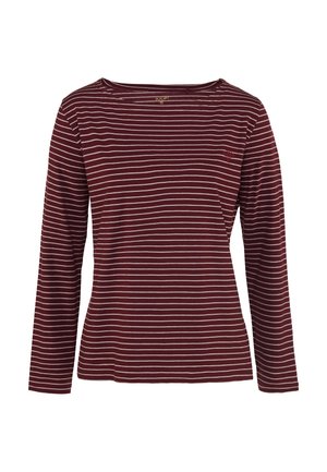 Camisa de manga larga burdeos con rayas horizontales blancas. Material suave y cuello redondo. Pequeño logo en el área del pecho izquierdo.