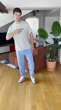 T-shirt cinza de manga curta com um pequeno gráfico, calças azul claro e ténis prateados. Interior com um sofá castanho e uma planta em vaso.