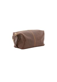 Borsetta in pelle marrone con forma rettangolare, dotata di una cerniera dorata e cuciture gialle a contrasto lungo il lato. Texture liscia.