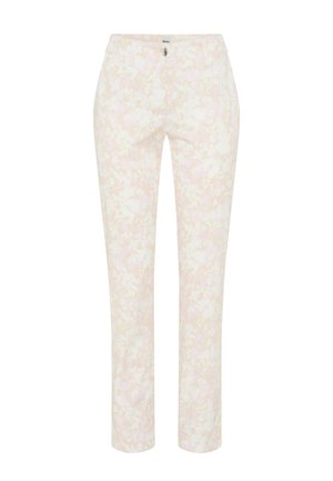 Lyserøde og beige bukser med blomsterprint, lige ben, frontlommer og knaplukning.