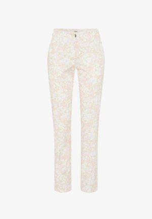 Lyserøde og beige bukser med blomsterprint, lige ben, frontlommer og knaplukning.