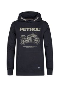 Felpa navy con cappuccio e stringa, tasca frontale e stampa grafica di una motocicletta. Realizzata in tessuto morbido, presenta polsini e orlo a costine.