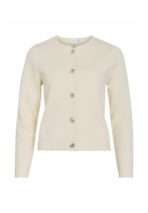 Crème-kleurige cardigan van zachte brei stof, met een ronde halslijn en zes metalen knopen aan de voorkant. Lange mouwen.