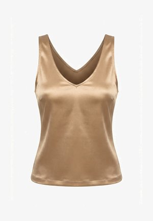 Top sin mangas de satén en beige con escote en V profundo y textura lisa y brillante, corte ajustado diseñado para mujeres.