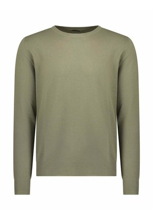 Olijfgroene gebreide heren trui met lange mouwen, ronde hals en geribbelde boorden en zoom.