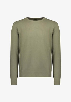Maglione da uomo verde oliva in maglia con maniche lunghe, collo tondo e polsini e orlo a coste.