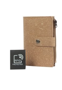 Brown RFID-protected wallet made of textured material, featuring a snap button closure, a zippered compartment, and a small black tag.