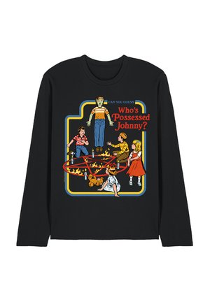 Children in 1970s-style clothes around a flaming pentagram, one boy levitating, text reads "Can you guess who's possessed Johnny?" on black shirt.
