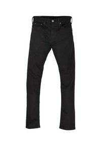 Jean noir à jambe droite avec cinq poches, fermeture par bouton et passants de ceinture, présenté à plat sur fond blanc.