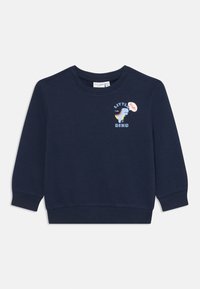 Tummansininen collegepaita, jossa on ribboreunat hihansuissa ja helmassa. Paidassa on brodeerattu dinosauruskuvasto ja teksti "LITTLE DINO" valkoisilla ja värikkäillä yksityiskohdilla.