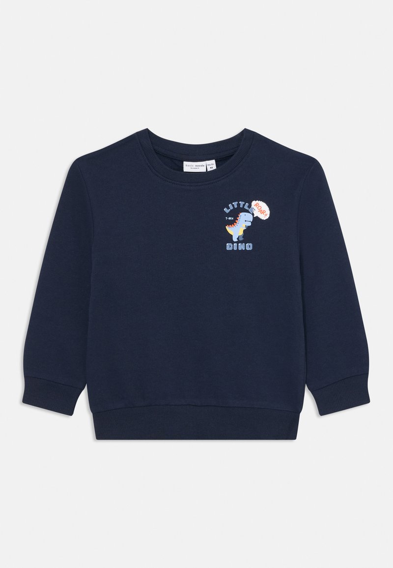Felpa di colore blu navy con polsini e orlo a coste, caratterizzata da un grafiche di un dinosauro ricamata e dalla scritta "LITTLE DINO" in bianco e accenti colorati.