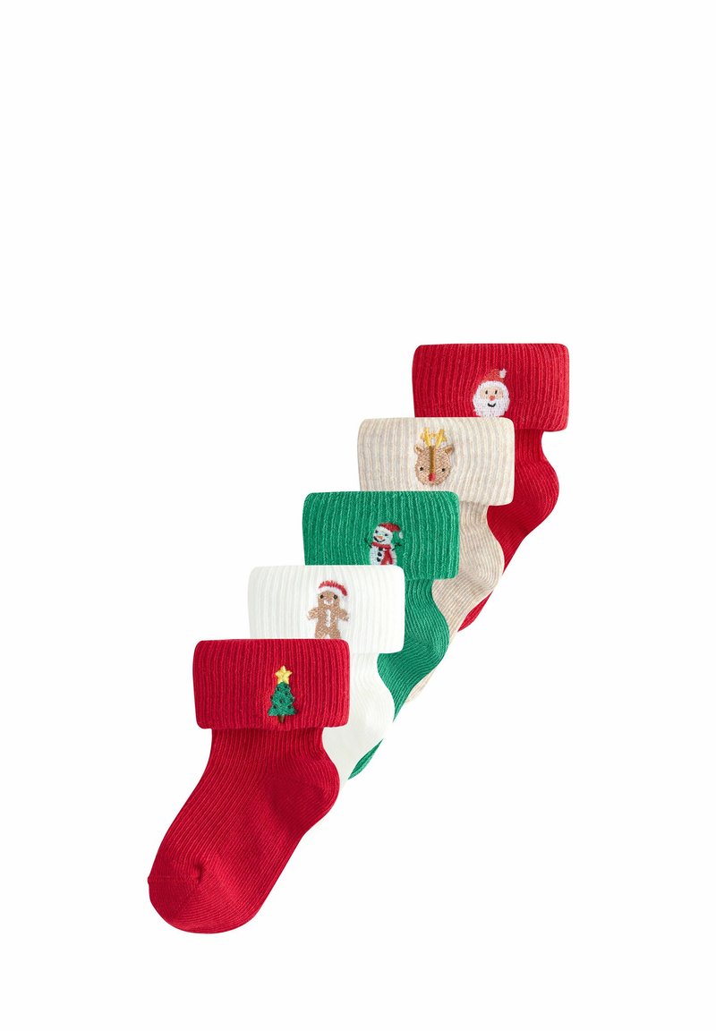 Fünf Paar weihnachtlich gestaltete Socken in Rot, Grün und Creme mit gerippten Bündchen und bestickten Motiven von Santa, Rentier, Schneemann und Tanne.