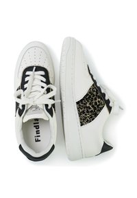White sneakers with black and gold leopard print accents, lace closure, perforated toe, and rounded rubber soles. Brand logo visible inside.