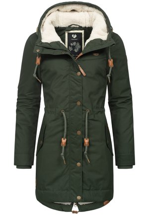 Green parka jacket with a fur-lined hood, zip closure, toggle accents, and side pockets; features a waist drawstring and button details.