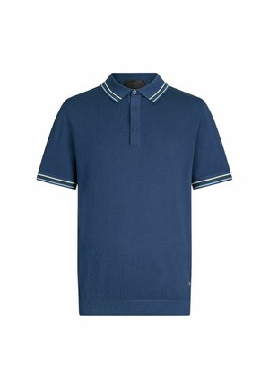 Polo majica pletena u mornarsko plavu boju, s rebrastom teksturom, dva gumba na prednjem dijelu i kontrastnim bijelim prugama na ovratniku i rukavima.
