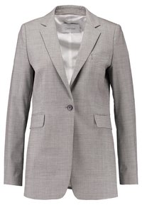 Šedý, vzorovaný blazer s klopovým límcem, dvěma předními kapsami, uzávěrem na jeden knoflík a hladkým vnitřním podšívem. Viditelné logo Calvìn Klein.
