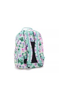 Floral backpack with a mint green and white pattern, padded straps, a zippered top, and side pockets. Reinforced bottom with black texture.