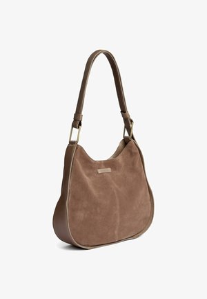 Brown suede hobo bag with wide shoulder strap and gold-tone hardware, featuring a subtle brand label on the front.