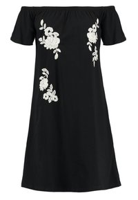 Czarna sukienka na jedno ramię z krótkimi rękawami, zdobiona białym haftem kwiatowym z przodu, wykonana z miękkiego materiału o luźnym kroju.
