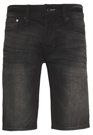 Shorts en denim noir avec bouton à l'avant, fermeture éclair, passants pour ceinture et poches avant. Texture légèrement décolorée au niveau des cuisses.