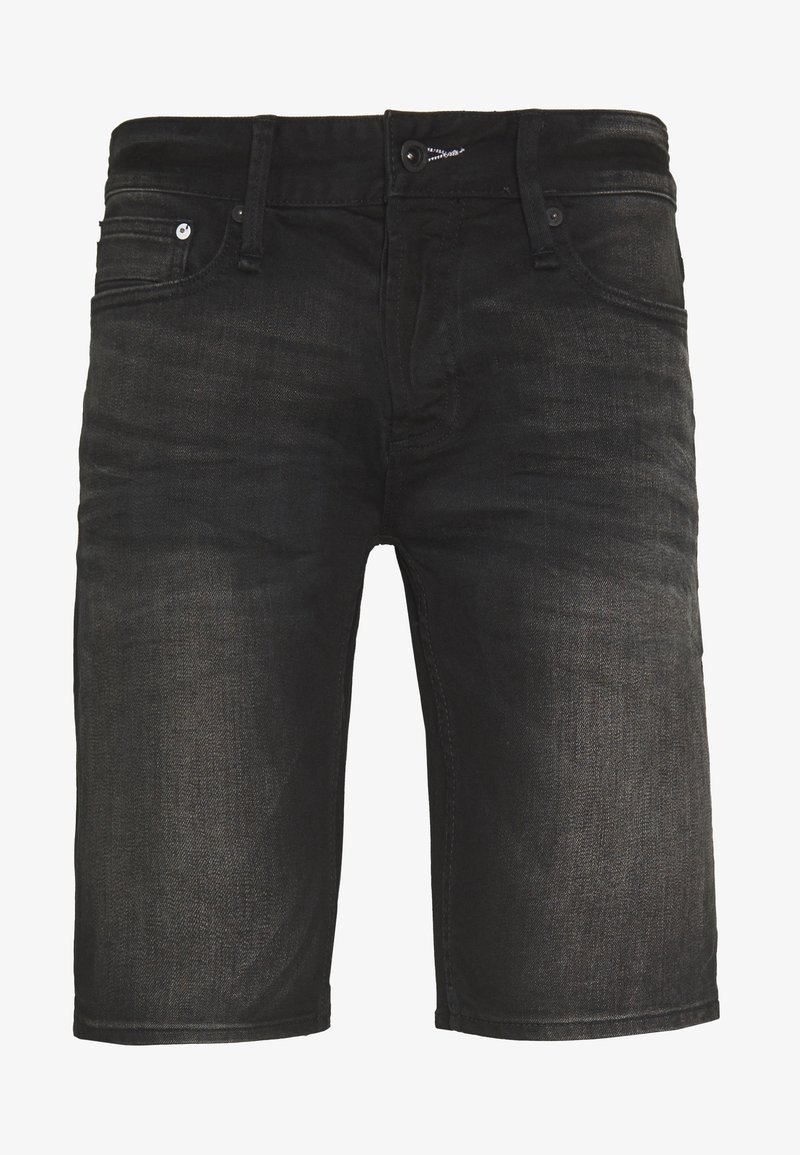 Shorts en denim noir avec bouton à l'avant, fermeture éclair, passants pour ceinture et poches avant. Texture légèrement décolorée au niveau des cuisses.