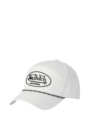 White baseball cap with perforated sides, featuring black "Von Dutch California" logo and a black-and-white braided cord above the curved brim.