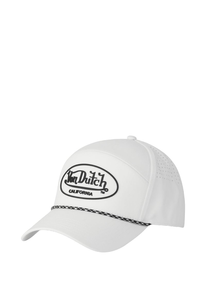 Gorra de béisbol blanca con lados perforados, que presenta el logo negro "Von Dutch California" y un cordón trenzado en blanco y negro sobre la visera curva.