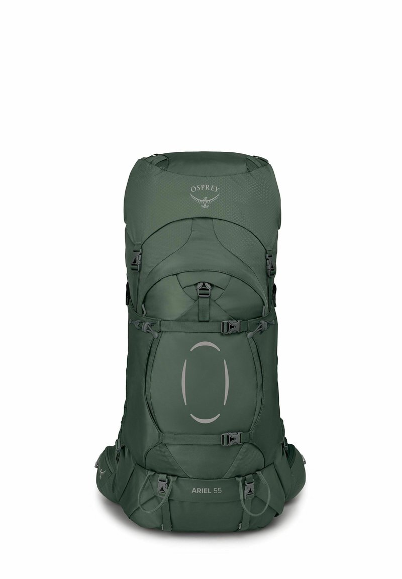 Sac à dos de randonnée vert foncé avec un sommet arrondi, de multiples sangles ajustables et des poches latérales. Présente le logo Osprey et le texte "ARIEL 55".