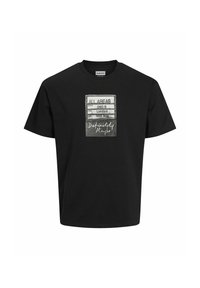 Black cotton t-shirt featuring a graphic print of a concert ticket with text "All Areas Oasis London 16th Aug Definitely Maybe."
