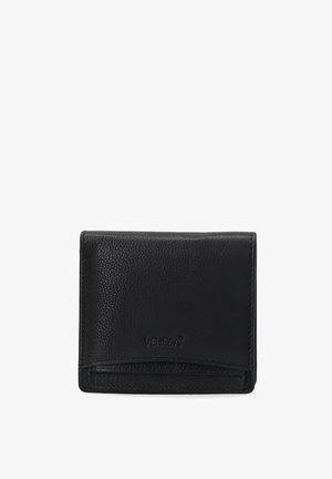 Portefeuille en cuir noir à finition texturée, doté d'une fente pour carte à l'avant et d'un logo embossé. Design rectangulaire compact, détails minimalistes.