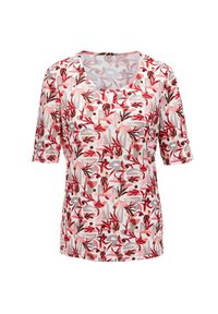 Blusenoberteil mit kurzen Ärmeln im floralen Design, das einen runden Ausschnitt hat. Das Hauptfarbschema sind sanfte Rosa- und Rottöne mit abstrakten Blatt- und Kreisprints auf weichem Stoff.