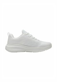 White athletic shoes featuring a breathable mesh upper, rounded toe, cushioned sole, and textured detailing along the midsole.