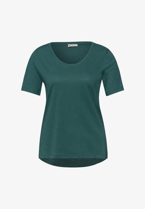 Mørkegrøn kortærmet dame-T-shirt med rund hals og buet kant, mærket "Street One" indeni kraven.