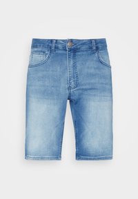 Light blue denim shorts with a faded finish, five pockets, and a button closure at the waist. Straight fit and knee-length cut.