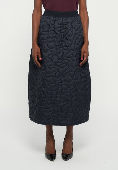 Navy midi-rok met gewatteerd oppervlak en elastische tailleband. Gecombineerd met zwarte puntige hakken voor een verfijnde uitstraling.