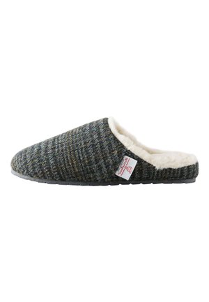 Instap pantoffel met donkergrijze stoffen buitenkant met patroon en witte pluche voering, voorzien van een klein stoffen label aan de zijkant.