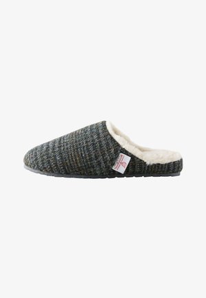 Zapatilla tipo slip-on con exterior de tela gris oscuro con estampado y forro interior blanco de terciopelo, con una pequeña etiqueta de tela en el lateral.