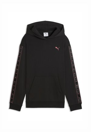 Sudadera negra con capucha y bolsillo frontal, logos de Puma rosas a lo largo de las mangas y pequeño logo rosa de Puma en el pecho, con capucha y puños acanalados.