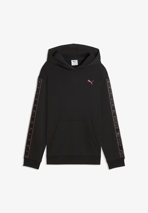 Sweat à capuche noir avec poche avant, logos Puma roses le long des manches et petit logo Puma rose sur la poitrine, doté d'une capuche et de poignets côtelés.
