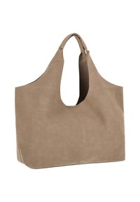 Beige bőrből készült tote táska széles testtel, nagy kivágott fogantyúval és sima felülettel. Középen egy varrás fut, amely további részletet ad a dizájnnak.