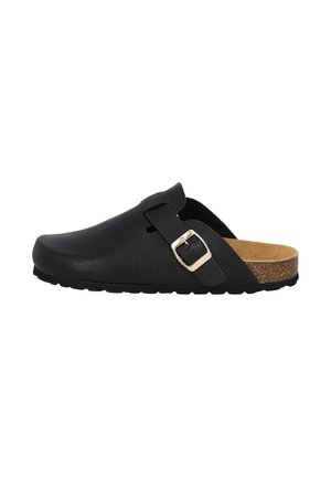 Black leather clogs feature a smooth texture, adjustable buckle detail, cork footbed, and rubber sole with a subtle tread pattern.