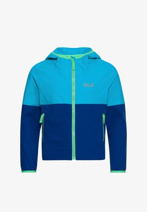 Vaikiška lengva striukė su kapišonu, viršutinė dalis šviesiai mėlyna, apatinė tamsiai mėlyna, žalia užtrauktuko ir kišenės apdaila, ant krūtinės - Jack Wolfskin logotipas.
