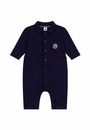 Body en coton bleu marine avec des manches courtes, un col, une fermeture à boutons et une poche poitrine avec un détail de logo circulaire.