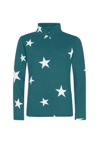 Mėlynas puloveris su pusiau užtrauktuku, puoštas didelėmis baltomis žvaigždžių raštais ant audinio, pagamintas iš minkštos, tamprios medžiagos.