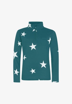 Tropfentürkisfarbener Pullover mit halbseitigem Reißverschlusskragen, der große weiße Sternmuster auf dem Stoff zeigt und aus einem weichen, dehnbaren Material gefertigt ist.